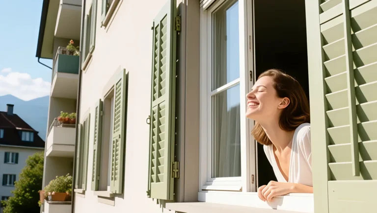 Femme qui respire l'air extérieur depuis la fenêtre d'un appartement